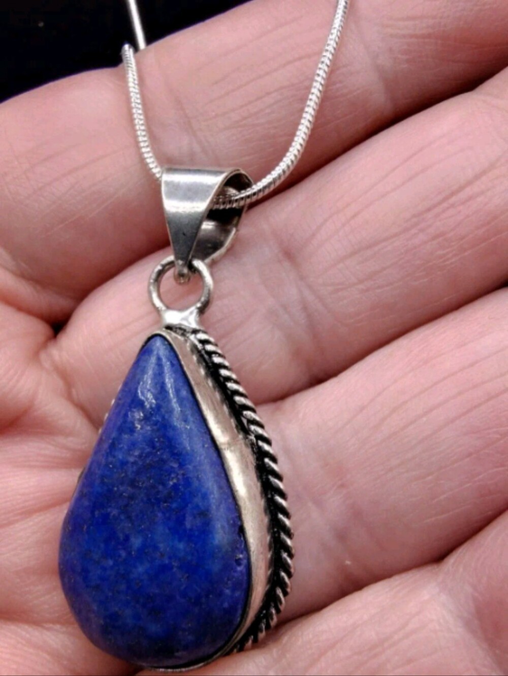 .925 Sterling Silver & Lapis Lazuli Natural Stone Pendant + 20 in. Sterling Chai
